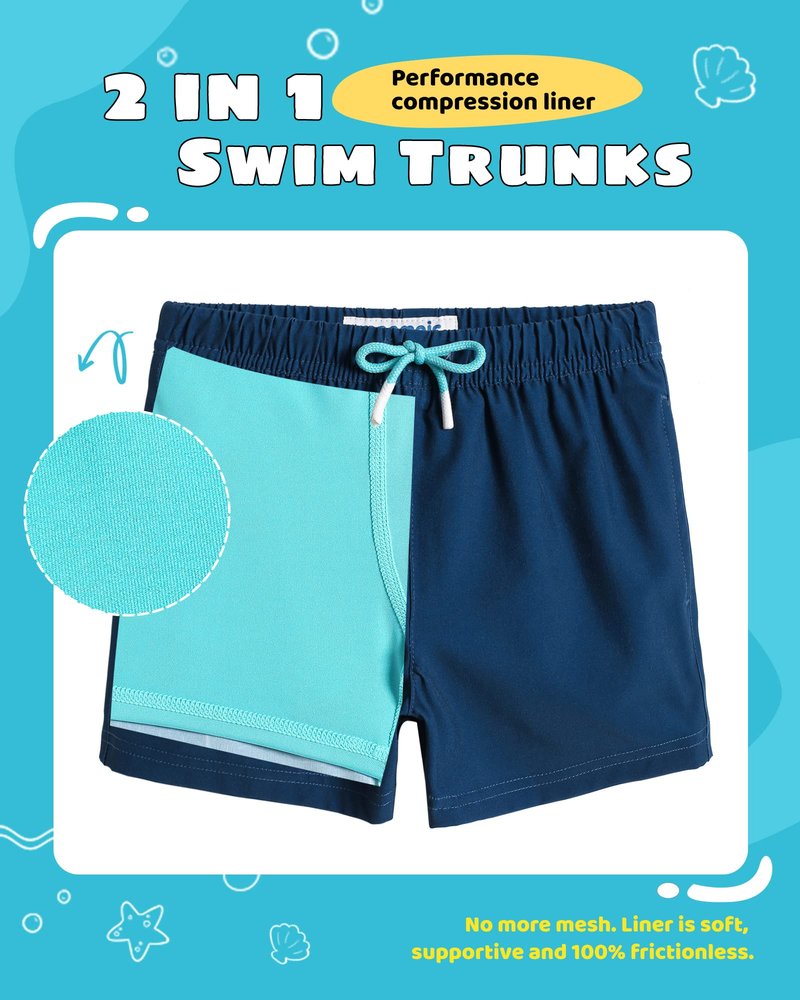 maamgic Boys Swim Trunks with Compression Liner Toddler Stretch Swim Shorts Quick Dry Swimming Trunks Boxer Brief 2 in 1 Beach Shorts Navy Lake Blue 7