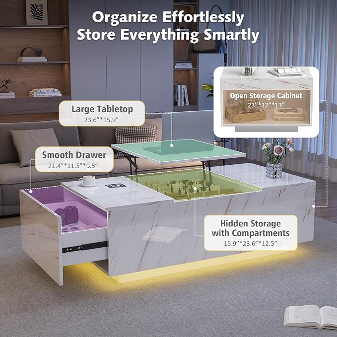 LED Coffee Table, 47.2" Lift Top Coffee Tables with Drawers and Large Storage, Smart Living Room Table with Wireless Charging & Bluetooth Speaker, Dining Center Tables with Storage Shelf