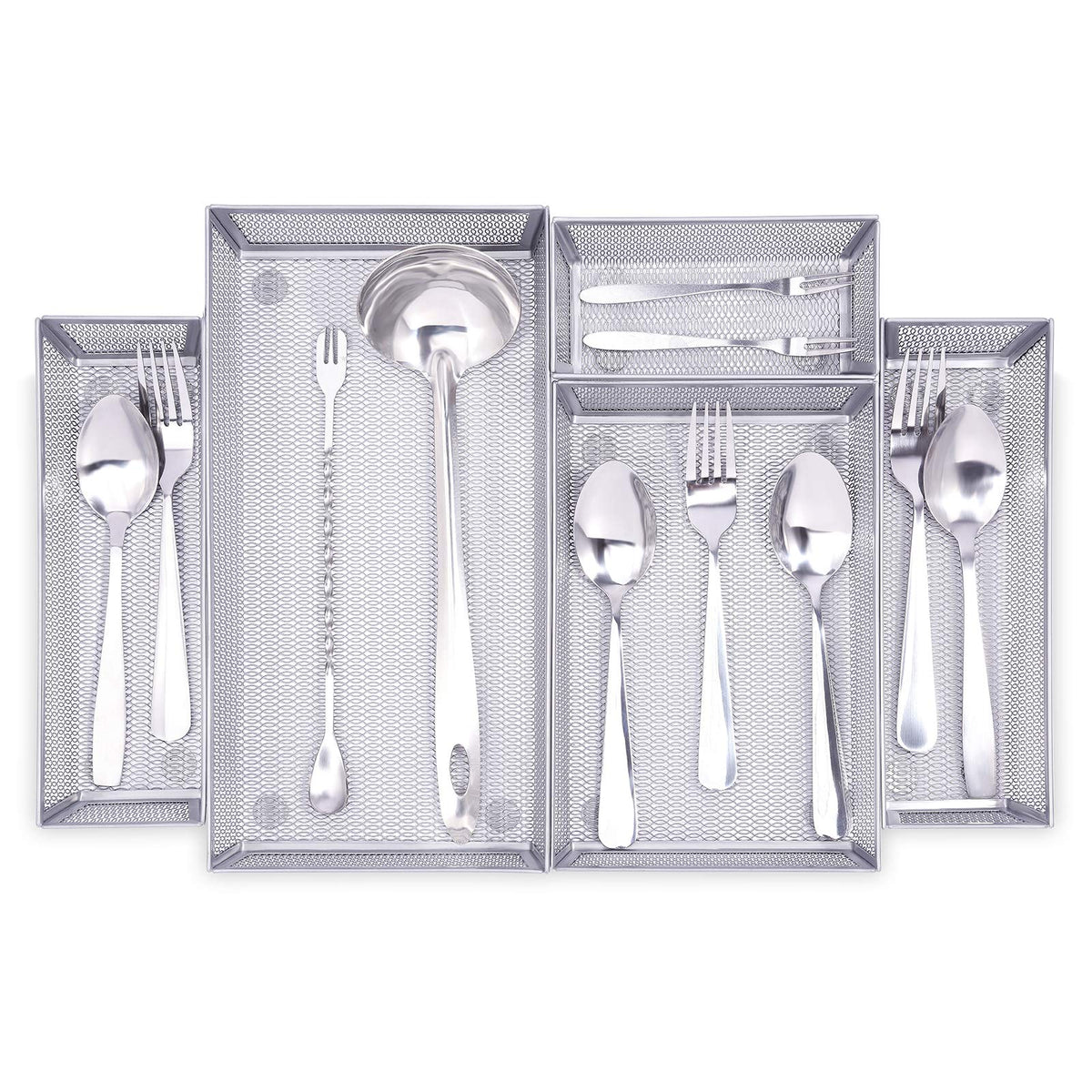 WuGeShop Mesh Silverware Tray Drawer Organizer, Kitchen Utensils Flatware with Anti-slip Mats, Silverware Storage Cutlery Tray for Knives Fork Spoon (5 Separate Compartments, Silver)
