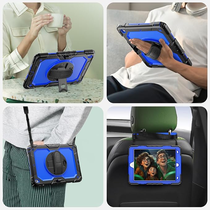 SEYMAC for iPad 9th/8th/7th Generation Case 10.2 2021-2019 Full-Body Shockproof Protective Case with Screen Protector Rotating Stand/Handle/Shoulder Strap for iPad 10.2 Blue/Black