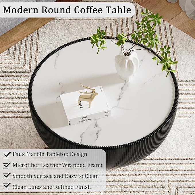 Round Coffee Table Set with Sintered Stone Tabletop, 27.56" Black Drum Center Table and 19.69" Orange Coffee Table Set, 2 Pieces Living Room Table Set with Fluted PU Leather Cover& Metal Base