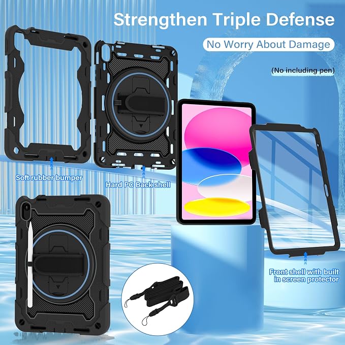 for iPad 9th 8th 7th Gen Case 10.2 inch with Screen Protector | 360° Rotating Kickstand Hand Strap Shoulder Strap Heavy Duty Military Grade - Kids Friendly