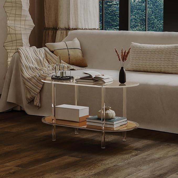 HMYHUM Acrylic Coffee Table for Living Room, 2-Tier Clear Rattan Center Table, Oval, Modern Low Tea Table for Bedroom Office Reception Room, 31.5" L × 15.75" W × 17.76" H, Easy Assembly