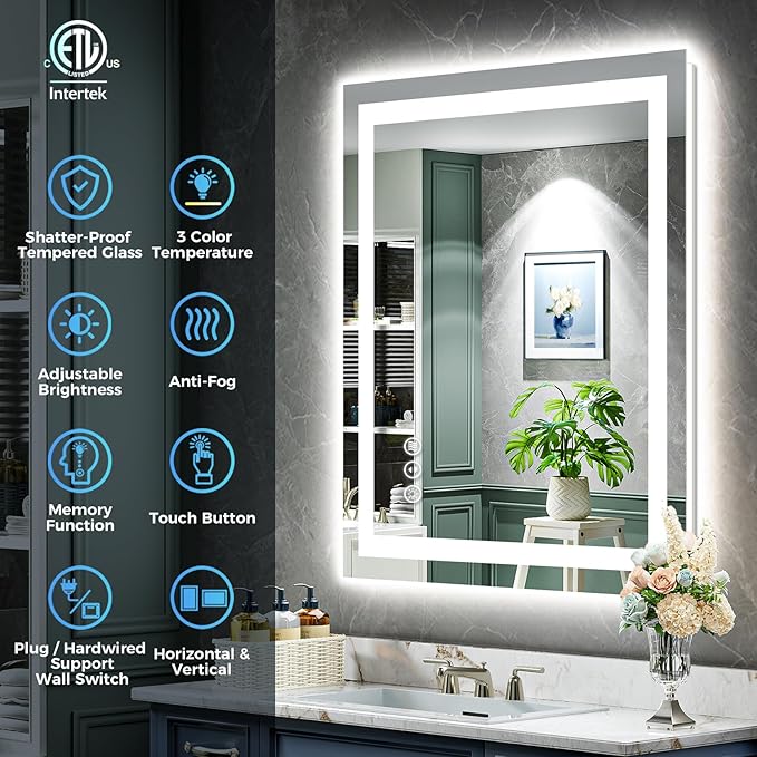 YEELAIT 24x30 Inch LED Bathroom Mirror with Lights Front and Backlit Lighted Vanity Mirror for Bathroom Wall with 3 Colors Dimmable Anti-Fog Memory Shatter-Proof IP54 Waterproof Horizontal/Vertical