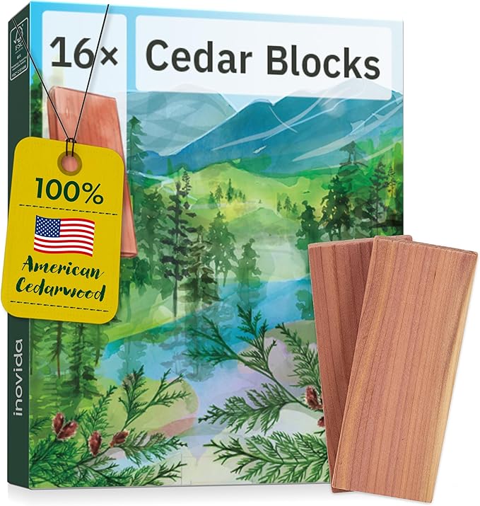 16 American Cedar Wood Blocks – Stop Clothes Damage - Wardrobe Freshener – Premium American Cedarwood Flowers for Fresh Scent in Drawers and Closets - Inovida