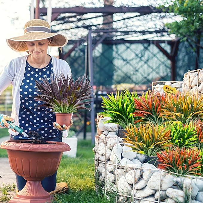 12 Pcs Artificial Outdoor Plants UV Resistant Tall Fake Grass Plants Bushes Faux Tropical Flowers Décor Fall Winter Summer Planters Patio Front Door Porch Plastic Greenery & Shrubs Decoration
