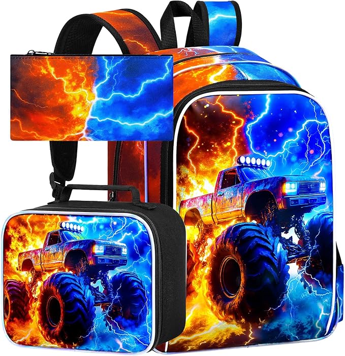 gxtvo 3PCS Kids Truck Backpack for Boys, 17" Boys Bookbag with Lunch Box, Water Resistant Middle Elementary School Bag - Fire & Lightning Truck