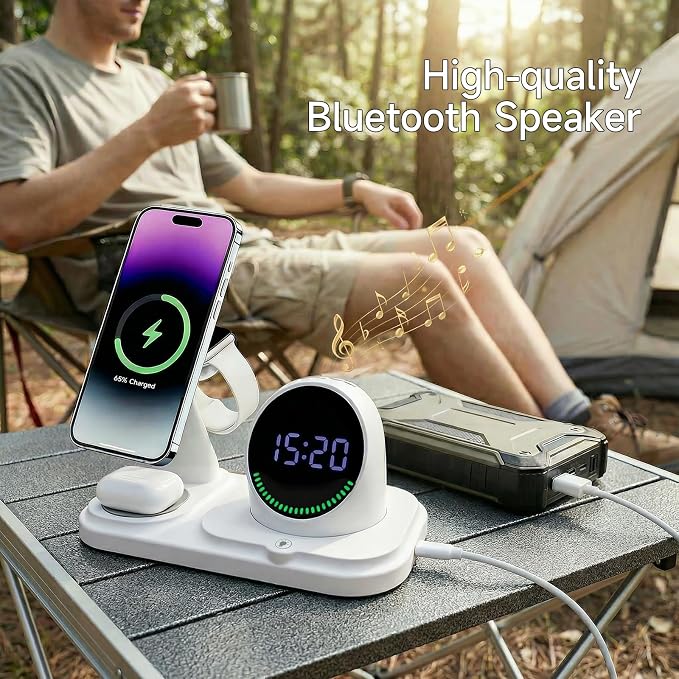 6-in-1 Wireless Charging Station with 30W Fast Adapter RGB Ambient Light Digital Clock &amp Bluetooth Speaker Multi-Function Desktop Charger for Wireless Charging Phones Earbuds &amp Watch