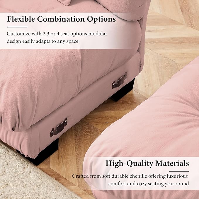 173.2" Oversized 4 Seater Modular Sectional Sofa, Pink Sectional Fluffy Couch Set, Chenille Cloud Couch with 6 Pillows, Deep Seat Sofas for Living Room