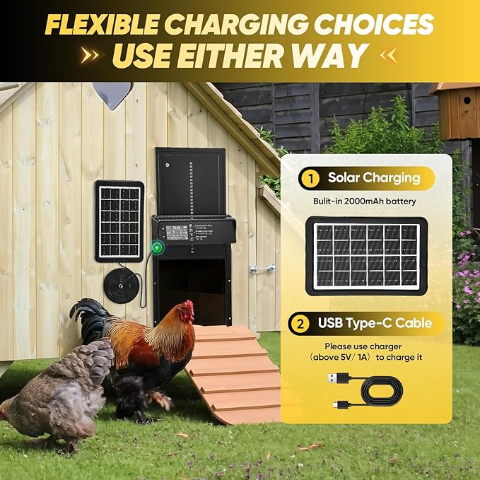Sakerplus Automatic Chicken Coop Door Solar Powered, Automatic Chicken Door with Timer, Light Sensor, 4 Modes and LCD Display, Aluminum Alloy Auto Chicken Door, Anti-Pinch & Weather Proof