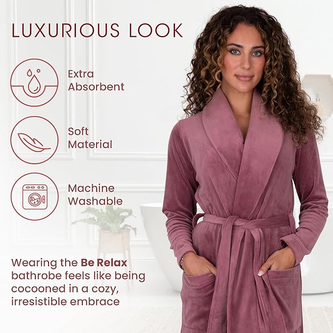 Be Relax Terry Velour Robe - Made of Polyester, Shawl Collar Robe with Belt & Side Pockets, Soft & Warm Bathrobe for Women