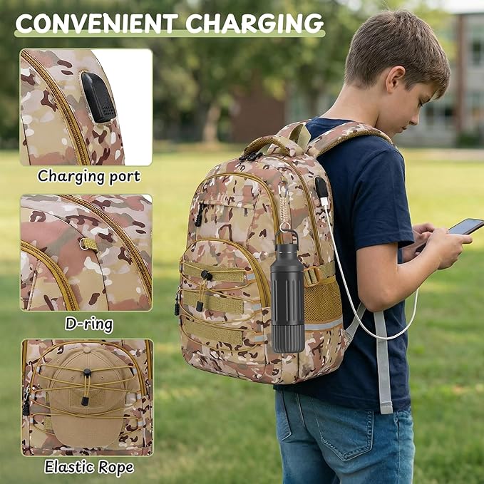 School Backpacks for Boys - 4pcs Camo Boys Backpacks with Lunch Box Set for Kids Teens Elementary Middle School, 18″ Large Capacity Students Bookbag, Perfect for Travel
