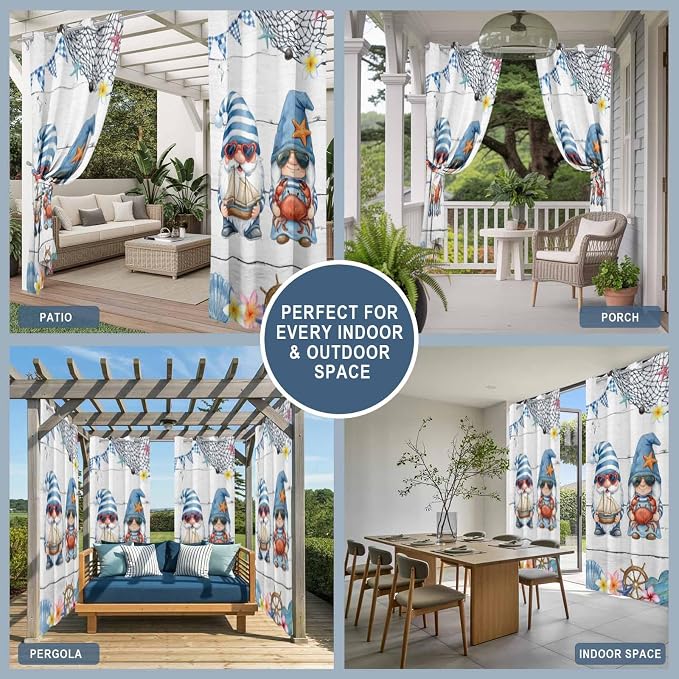 Ocean Gnome Outdoor Curtains for Patio Summer Marine Plumeria Shell Wooden