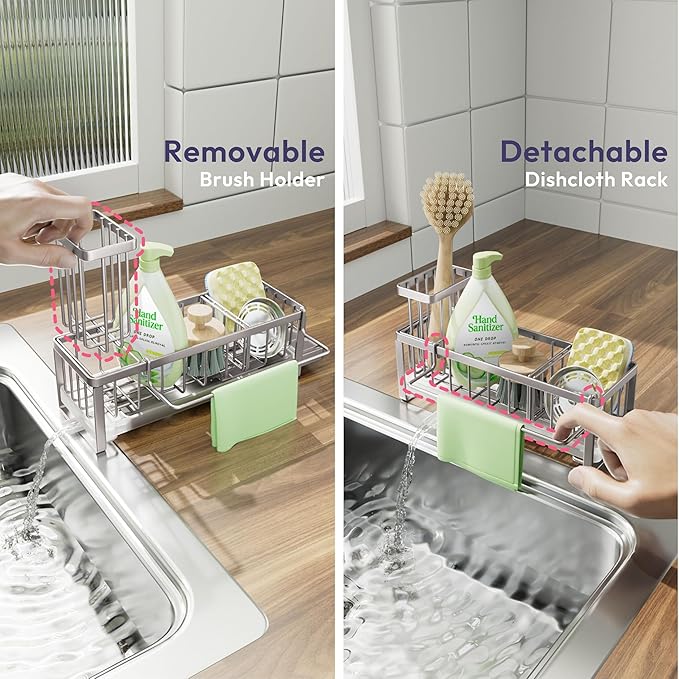 SWTYMIKI Sponge Holder for Kitchen Sink - Sink Caddy with Brush Holder Self-draining Sponge Caddy Organizer with Divider Stainless Steel Kitchen Accessories Storage for Countertop, Sand Nickel