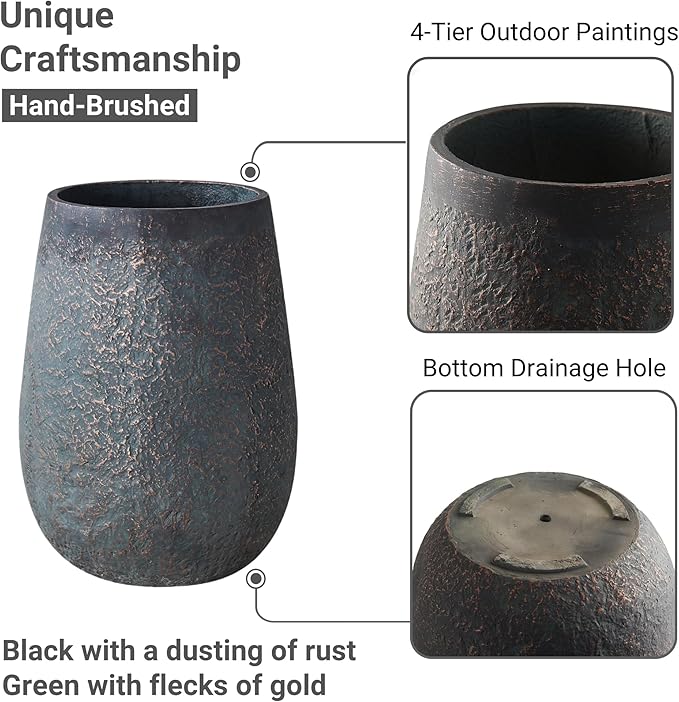 Weathered Concrete 19.7 Inch Tall Planter, Large Decorative Flower Pot with Drainage Hole, Round Plant Container for Home, Garden, Patio, Courtyard, A Dusting of Bronze Rust with Green Tone, 1 Pack