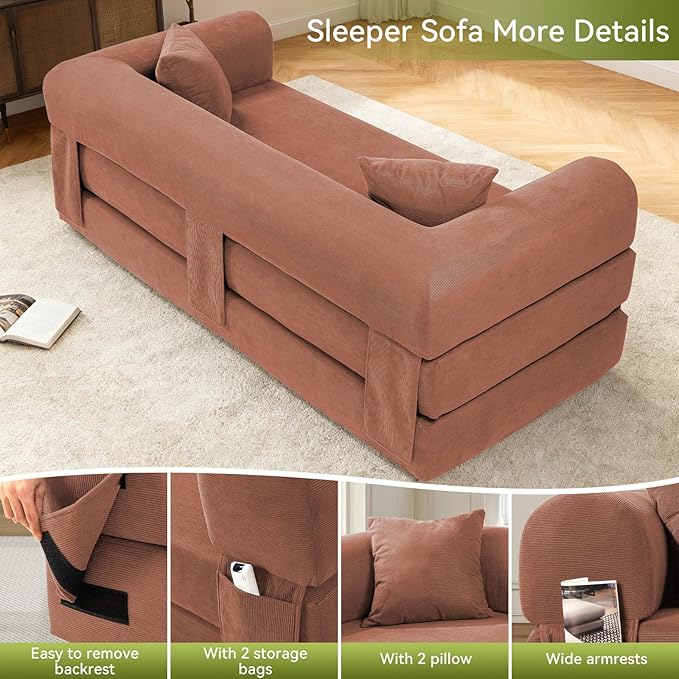 Convertible Futon Sofa Bed,80" Folding Pull Out Couch Bed with Pillows & Storage Pocket, Oversized Queen Sleeper Sofa in a Box,Corduroy Boneless Couch for Living Room,Pink