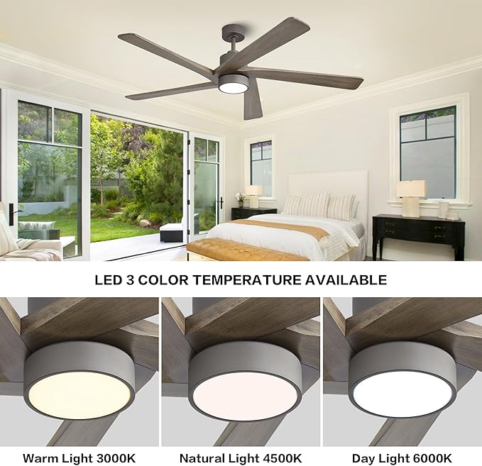 WINGBO 72 Inch DC Ceiling Fan with Lights and 3 Downrods, 5 Reversible Carved Wood Blades, 6-Speed Noiseless DC Motor, Large Ceiling Fan in Graphite Finish with Gray Blades, ETL Listed
