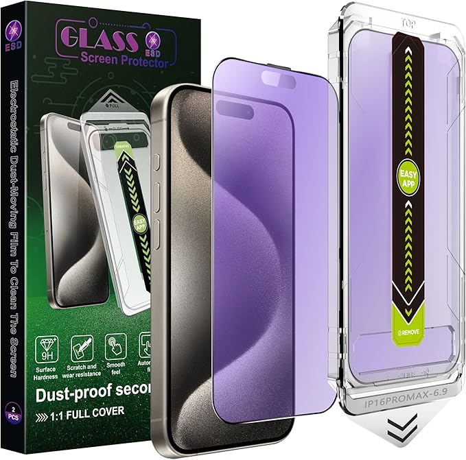 (2-Pack Anti Blue Light Matte Screen Protector for iPhone 16 Pro Max (6.9-Inch),9H Tempered Glass,Anti-Glare,Full Coverage,Anti-Fingerprint,Auto Dust Removal,Bubble-Free