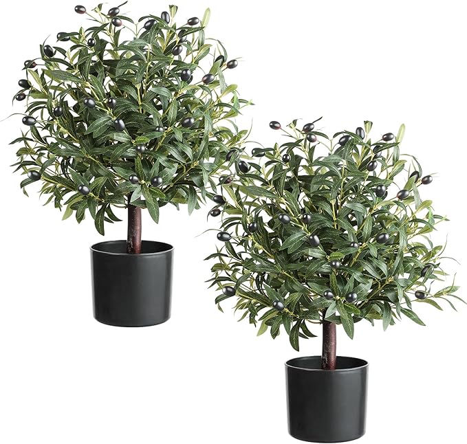 25.5” Tall Artificial Topiary Ball Olive Tree Set of 2 Pack, Olive Boxwood Topiary Ball Potted Bushes UV Resistant Potted Plants for Garden Indoor Outdoor Home Decor