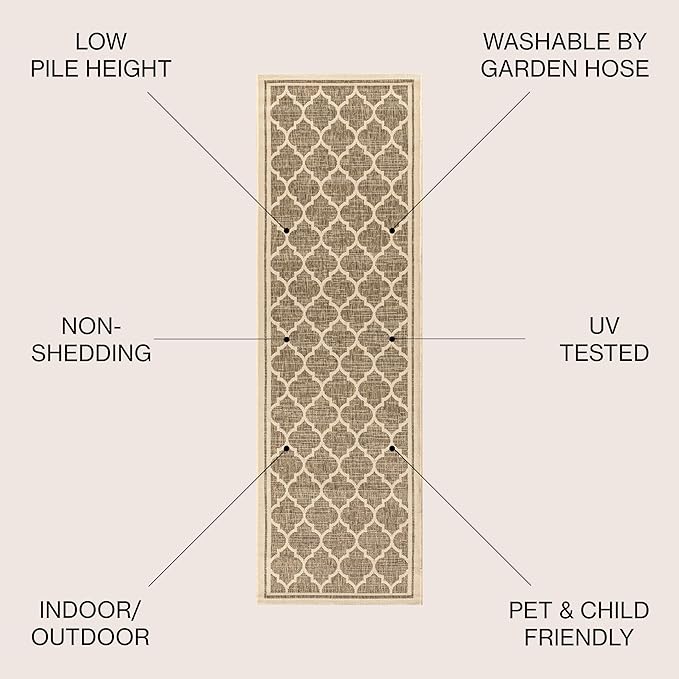 Eyely BMS109A-214 Santa Monica Trebol Moroccan Trellis Textured Weave, Pet Friendly, Non-Shedding, Stain Resistant, Easy-Cleaning, Brown/Beige, 2 ft. x 14 ft., Indoor/Outdoor, Runner Rug
