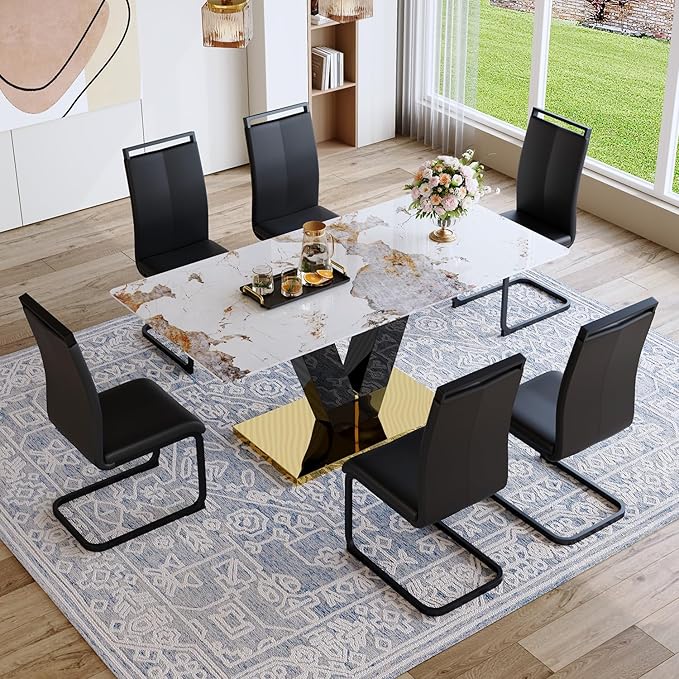 71'' Dining Table Set for 6,Modern Dining Room Table Set for 6,Marble Dining Table with 6 PU Leather Dining Chairs,Gold Dining Room Table with Glossy V-Shaped Base Ideal for Kitchen