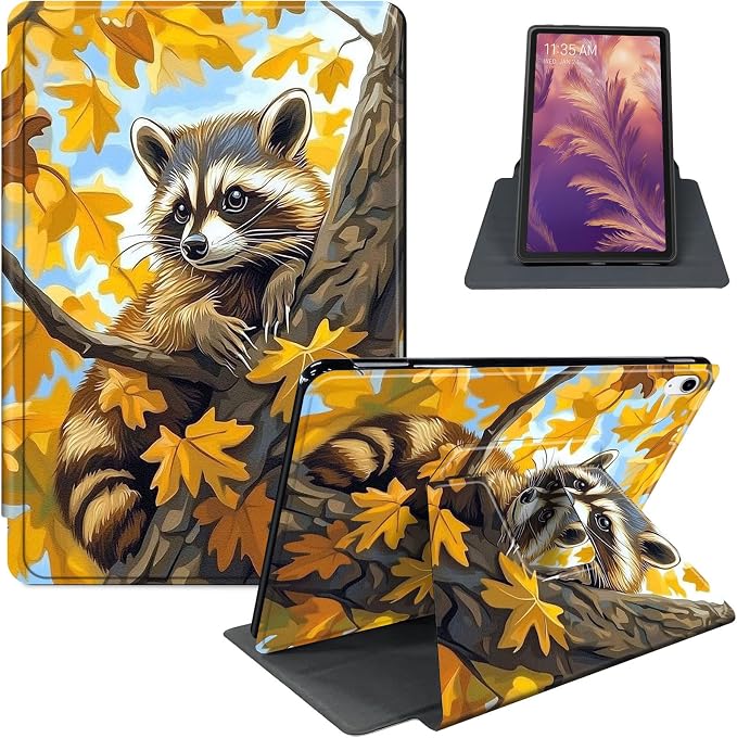 for iPad 11th Generation (A16 2025) 11 / iPad 10th Gen 10.9 2022 Case 360° Rotating PU Leather Stand Cover with Auto Sleep/Wake Shockproof TPU Backl Raccoon Perched