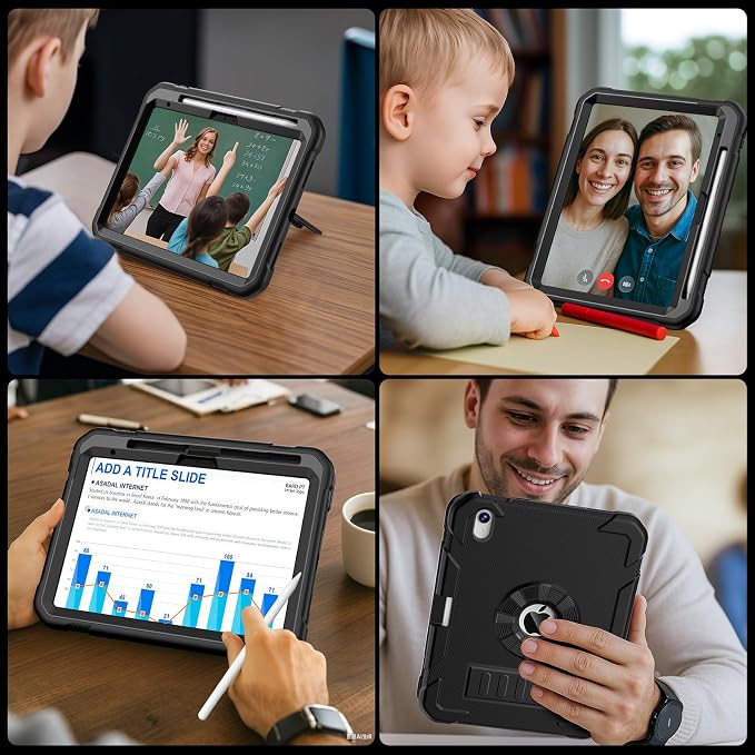 BLOSOMEET for iPad A16 Case 11th Generation 11 2025 &amp 10th Generation 10.9 Inch 2022 Heavy Duty Protective Rugged Cover with Built-in Pencil Holder &amp Kickstand for iPad 11/10th Gen Black