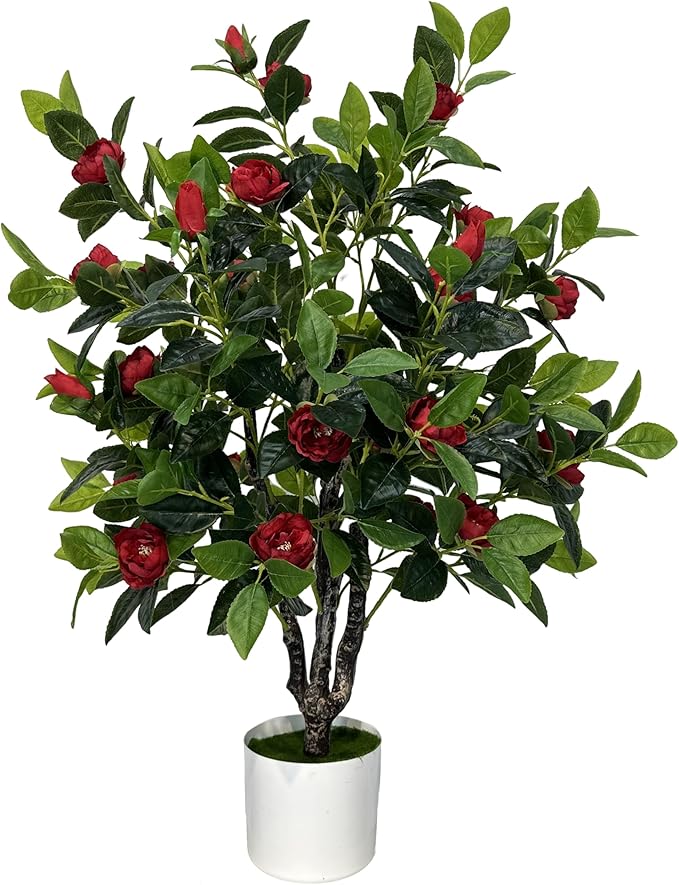 Artificial Camellia Tree 35in Faux Floral Plant with Red Flowers and Green Leaves - No Maintenance Indoor Outdoor Office Home Porch Decor Housewarming Gift(1 Pack - RED)