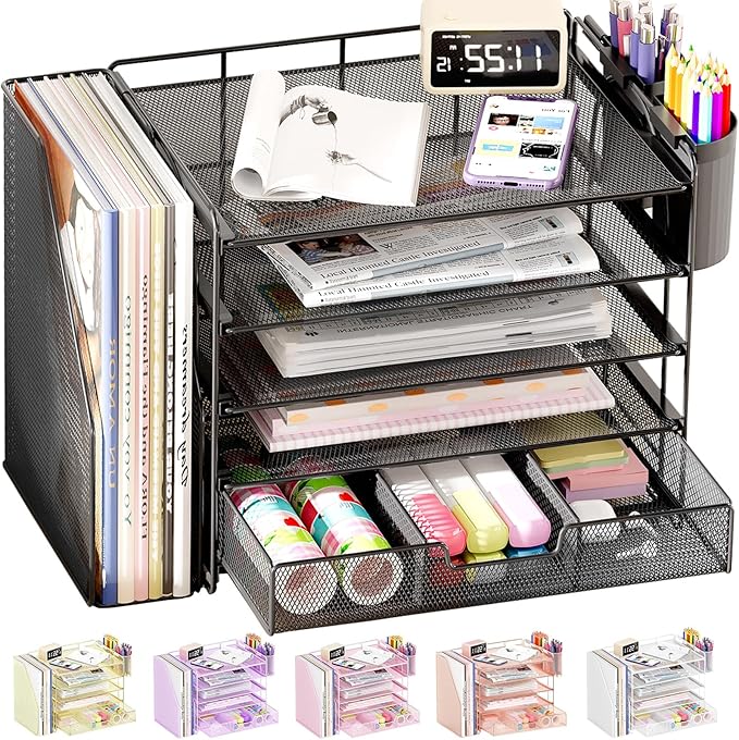 Desk Organizers and Accessories with File Holder, 5-Tier Office Desk Accessories & Workspace Desktop Organizer with Drawer and 2 Pen Holder, File Paper Organizer for Office Supplies(Black)