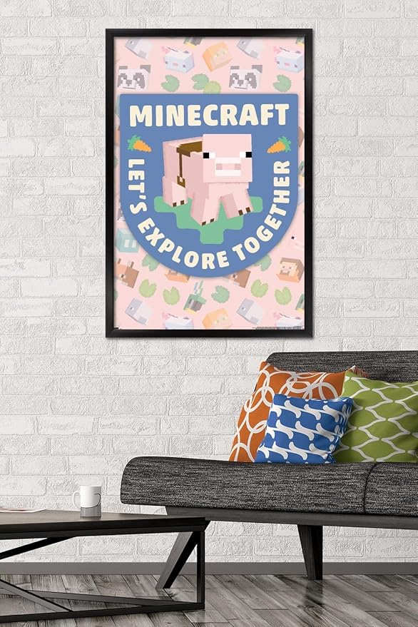 Trends International Minecraft - Let's Explore Together Wall Poster, 34L x 22.4W, Black Framed Version