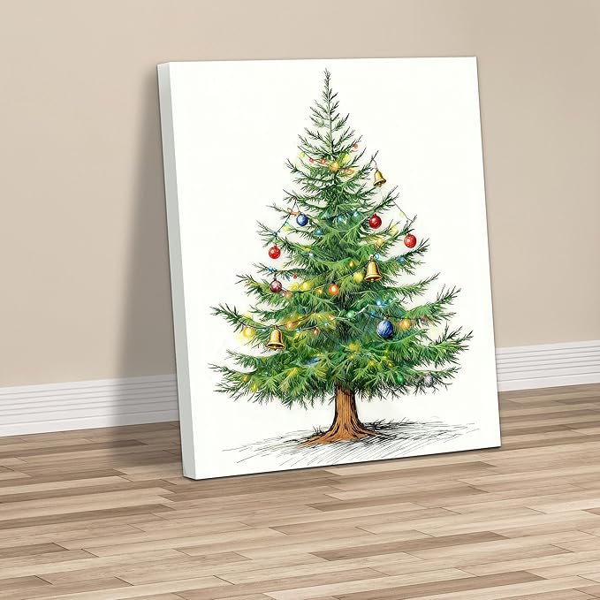 Framed Christmas Pictures Wall Decor,Vintage Pine Tree Prints,Winter Christmas Canvas Wall Art Decoration for Bedroom Bathroom Living Room Rustic Xmas Holiday Gifts (Christmas Tree 4, 24'' X 36'')