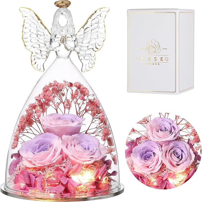 Ocosy Mothers Day Rose Gifts for her, Large Angel Rose Gifts for Women, Forever Real Roses in Angel Figurines, Angel Guardian with Roses Flower,PinkPurplePink