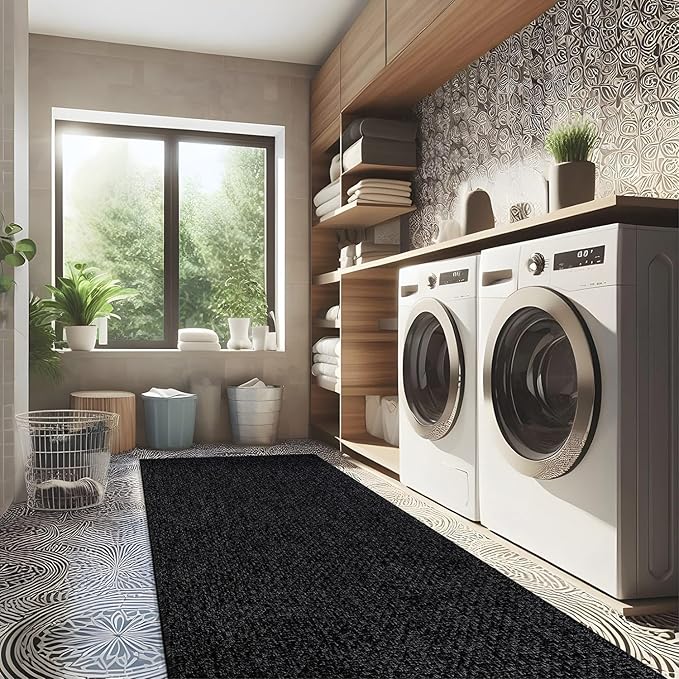 CAMILSON Indoor and Outdoor Runner Rug Dark Gray Black Solid Boho Woven Design Easy-Cleaning Non Shedding Farmhouse Living Room Bedroom Garden Patio and Kitchen Washable Outside Carpet Alfombras (2x7)