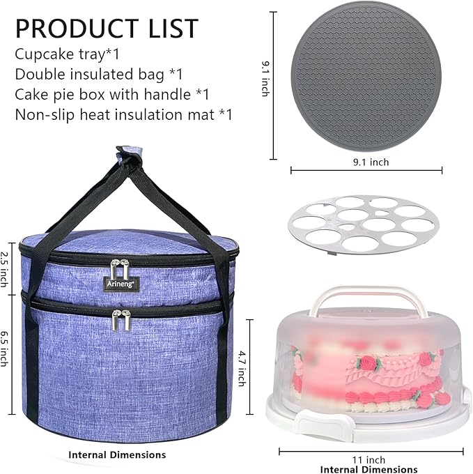 10 inch Round Cake Carrier Box with Lid and Handle, Transportation Insulated Bag for Cakes, Cupcakes and Pies, Triple Locking Design for Safe Transportation (Purple, 5.5 Inches High)