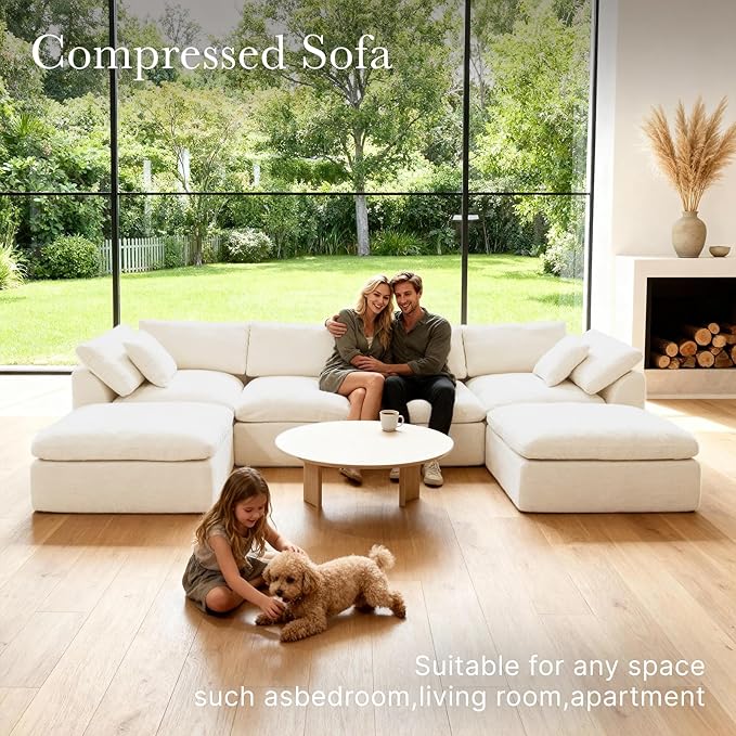 Cloud Modular Sectional Sofa Couch,141” U-Shape Sofa with Wide Armrest, Modern High-Density Sponge Compressed Couch for Living Room, Bedroom,No Assembly Needed (White, 4 Seats+ 2 Ottoman)