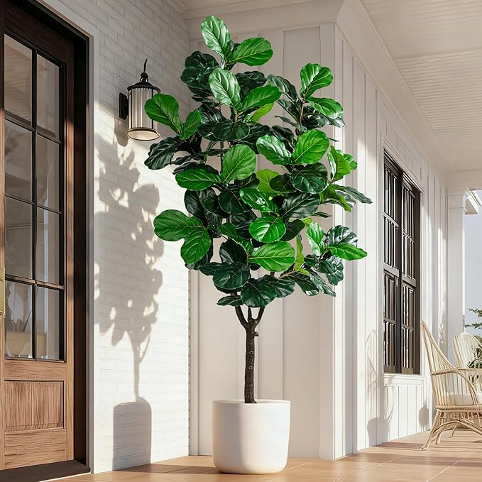 Artificial Fiddle Leaf Fig Tree 7ft with White Planter Realistic Fiddle Leaf Lyrata Plant Tall Fake Tree with Natural-Looking Leaves Fake Tree for Indoor Outdoor Home Office Decor
