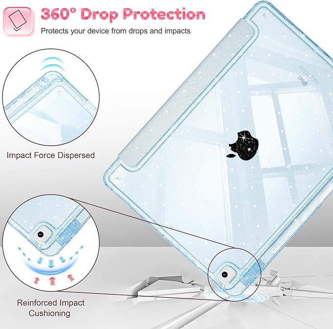 Mektron Sparkly Case for iPad 10.2 inch Glitter Tablet Cases for iPad 9th Gen 2021/8th Gen 2020/7th Gen 2019 Cover with Shiny Clear Back Shell Foldable Bling Smart Cover Blue Floral