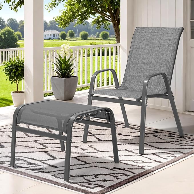 ONBRILL Outdoor Ottoman Set of 2, All Weather Outdoor Foot Stool with Supportive Textliene and Metal Frame, Stackable Oversized Outdoor Foot Rest for Furniture Patio Garden Pool, Grey
