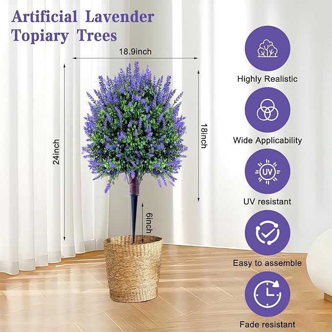 Fake Lavender Plant Set of 2: 24" Tall Outdoor Artificial Plants with Ground Spike, UV Resistant for Indoor/Outdoor Decor