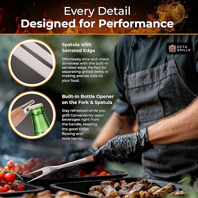 OctaGrills 3-Piece BBQ Utensil Set – Premium Stainless Steel Grill Tools with Extra Wide Spatula - Pakka Wood Handles & Leather Hanging Loops (Spatula, Tongs & Fork)