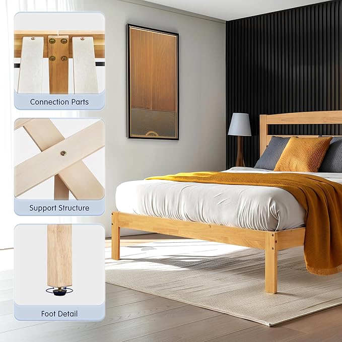 Hokway Wood King Size Bed Frame and Headboard- No Wobble,Noise-Free,Easy Assembly with Precise Holes,12 in Reinforced Center Legs,No Box Spring Needed,Natural