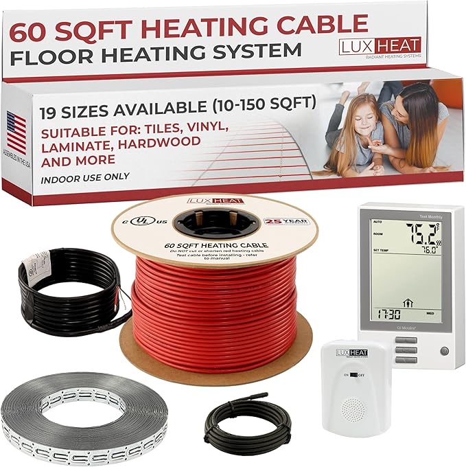 60sqft Floor Heating Cable Kit - 120v Heated Flooring Under Tile - Heated Flooring System Includes UDG Programmable Thermostat w/GFCI, Under Floor Heating Cable, Strapping, Sensor & Alarm