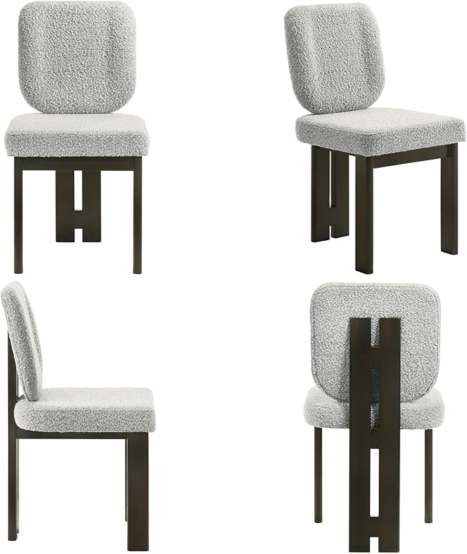 Modern Boucle Dining Chairs Set of 6, Farmhouse Sherpa Upholstered Wooden Kitchen Chairs with Back, Side Armless Dining Room Chairs with Brown Wood Legs for Kitchen Restaurant, Gray
