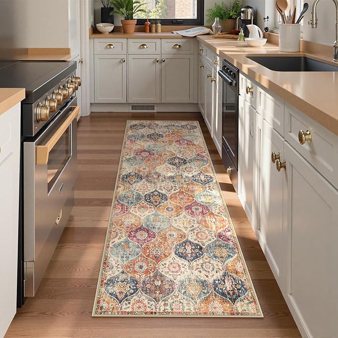 Lahome Moroccan Trellis Washable Runner Rug, 2x6 Kitchen Runners for Hallways 6 Feet Non Slip, Vintage Laundry Room Rug Ultra-Thin Long Carpet for Bathroom Bedroom Entryway, Cream/Multi