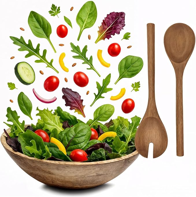 Large Wooden Salad Bowl 11.5 Inches with Serving Utensils | Mango Wood Bowl Set for Serving | Large Wood Salad Bowl for Family Meals, Pasta, Popcorn | Handcrafted Wooden Serving Bowl