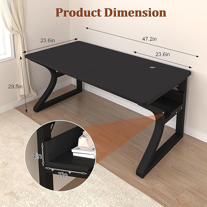 AZN Computer Desk, 47'' Computer Desk, Home Office Desks w/Storage, Home Office Desks w/U-Size Metal Frame for Home Office Bedroom, Study Writing Work Table w/Water-Resistant, Scratchproof Surface