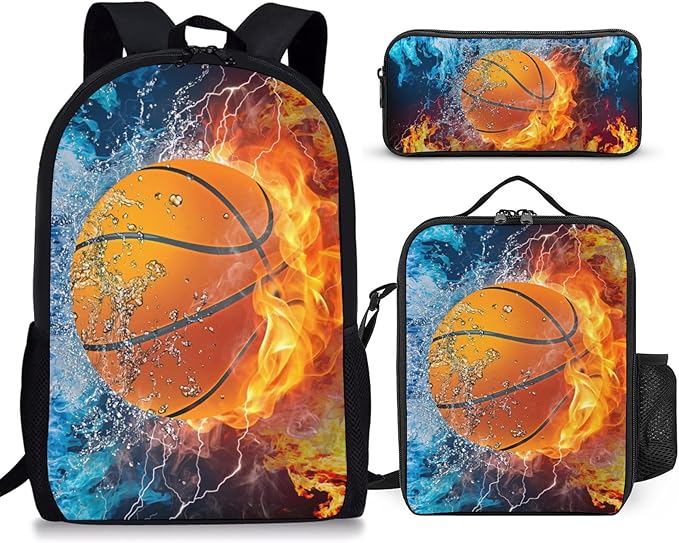 3PCS Basketball Backpack Set for Boys, Lightweight Large Backpack with Lunch Box & Pencil Case, Cool Sport Bookbag for Kids, Back to School Backpacks for Elementary & Middle School - 02
