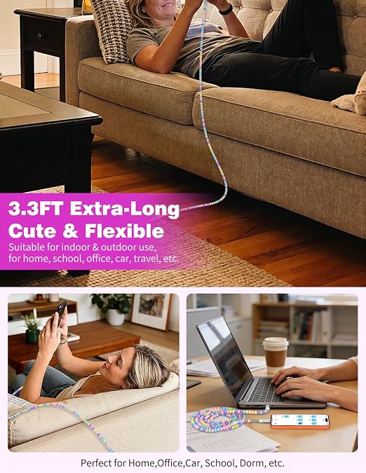 Jelanry 3FT USB-A to USB-C Fast Charging Cable Beaded &ampData Sync Women Girl | Cute kawaii beaded cable for iPhone 17/16/15 Samsung S26/S25/S24 Pixel iPad Fast charge for daily use office &amp tra