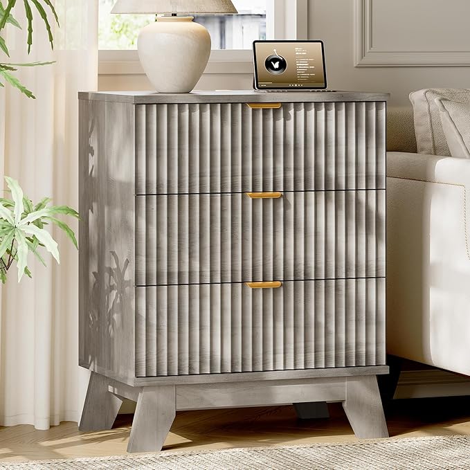 Fluted Nightstand with Charging Station, 24" Wide Bedside Table with 3 Large Storage Drawers, Modern Wood Side Table Night Stand, End Table Small Dresser for Bedroom, Living Room, Dorm, Grey