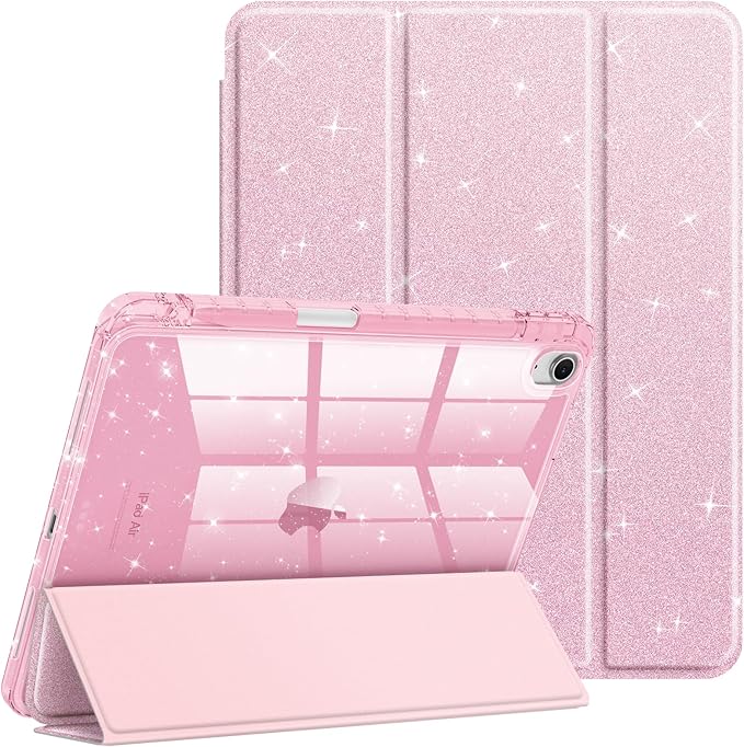 Fintie Slim Case with Pencil Holder for iPad Air 11-inch M4/M3/M2 (2026/2025/2024), iPad Air 5th (2022) / 4th Generation 10.9 Inch - Glittering Sparkly Cover with Shiny Clear Back Shell, Light Pink